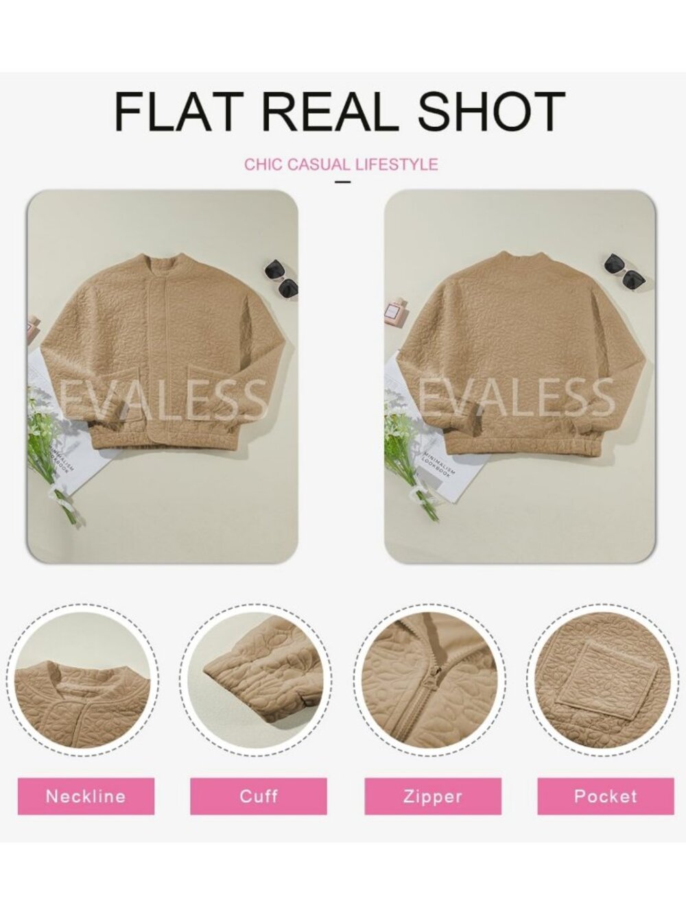 Stylish Women's Jacquard Bomber Jacket - Zip Up Coat with Pockets, Trendy - Picture 5 of 6